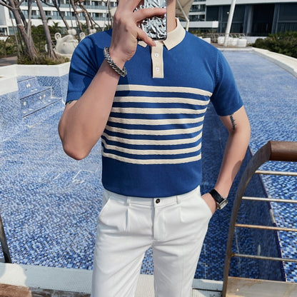 Spring and Autumn Men  Clothing Men Tee Shirt Men Man Luxury Quality Knitting Stripe Polo Shirt Male T-shirt Stylish and Simple