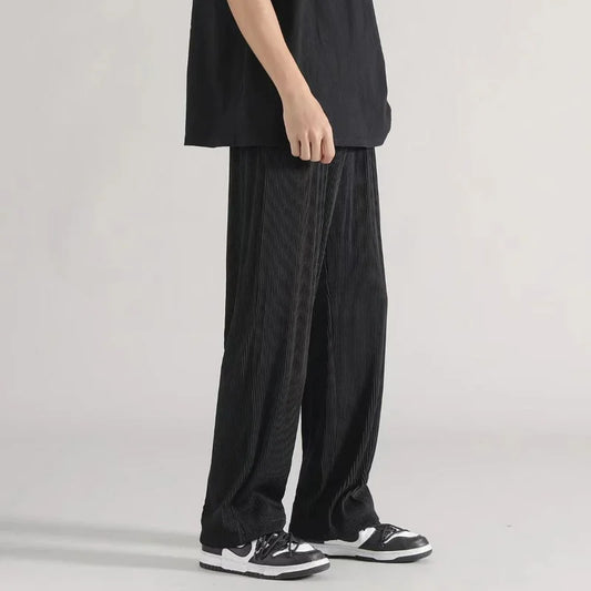 saferido Summer Thin Ice Silk Straight Loose Casual Pants Men Solid Korean Elastic Waist Drawstring Patchwork Pocket Wide Leg Trousers