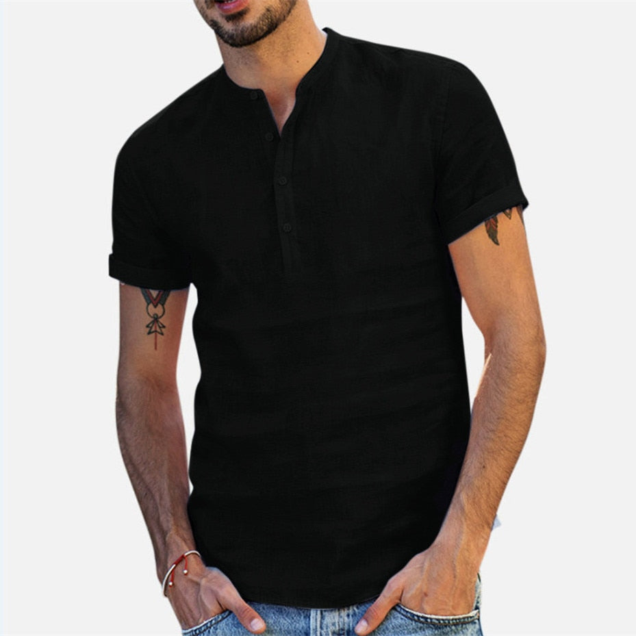 Men's Standing Collar Cotton Linen Short Sleeved Shirt Men's Designer Clothes Popular Tops for Men