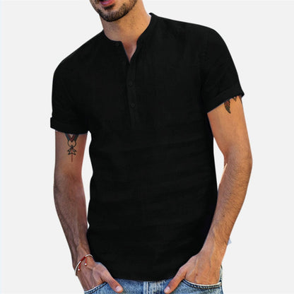 Men's Standing Collar Cotton Linen Short Sleeved Shirt Men's Designer Clothes Popular Tops for Men