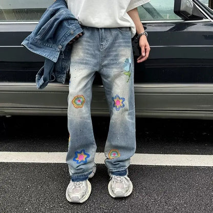 saferido Embroidery Jeans Men High Street Hip Hop Streetwear Couples Loose Mopping Wide Leg Trousers Teens Japanese Harajuku Fashion Chic