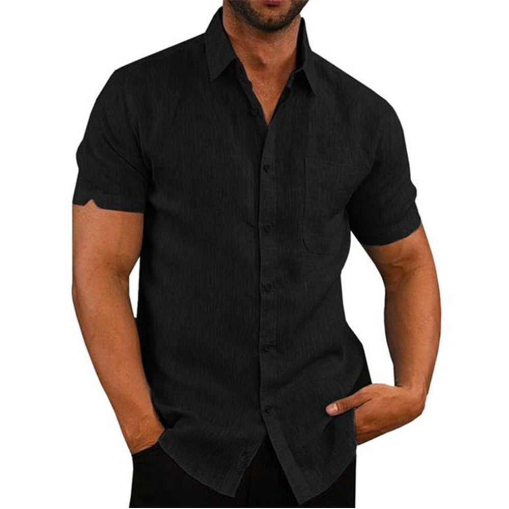 Cotton Line Hot Sale Men's Short-Sleeved Shirts Summer Solid Color Turn-down collar Casual Beach Style Plus Size