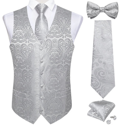 Men Black Paisley Vest Necktie Bowtie Pocket Square Cufflinks Dress Set Classic 5 PCS Business Waistcoat for Man