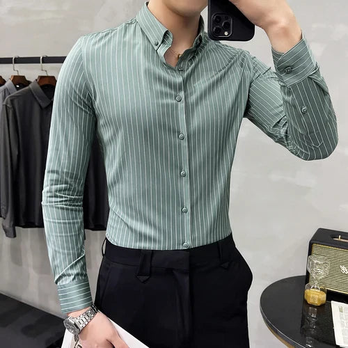 Striped Shirt Mens Spring New British Style Business Casual Long Sleeve Iron-Free Anti-Wrinkle Dress Shirt Mens Clothing
