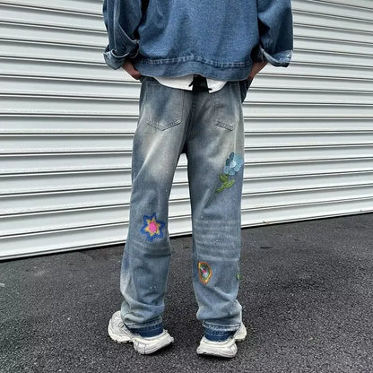 saferido Embroidery Jeans Men High Street Hip Hop Streetwear Couples Loose Mopping Wide Leg Trousers Teens Japanese Harajuku Fashion Chic