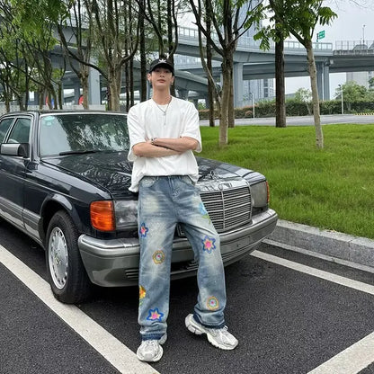 saferido Embroidery Jeans Men High Street Hip Hop Streetwear Couples Loose Mopping Wide Leg Trousers Teens Japanese Harajuku Fashion Chic