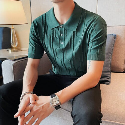 Brand Summer Polo Shirts Men Short Sleeve T-shirt British Knit Polos Casual Stripe Fashion Poloshirts Ice Silk Fabric Tops