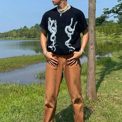 saferido Men's Casual T-Shirt Fashionable Trendy Hip-Hop High Street Y2k Retro Snake Pattern Loose Cotton Top 2024 Spring And Summer