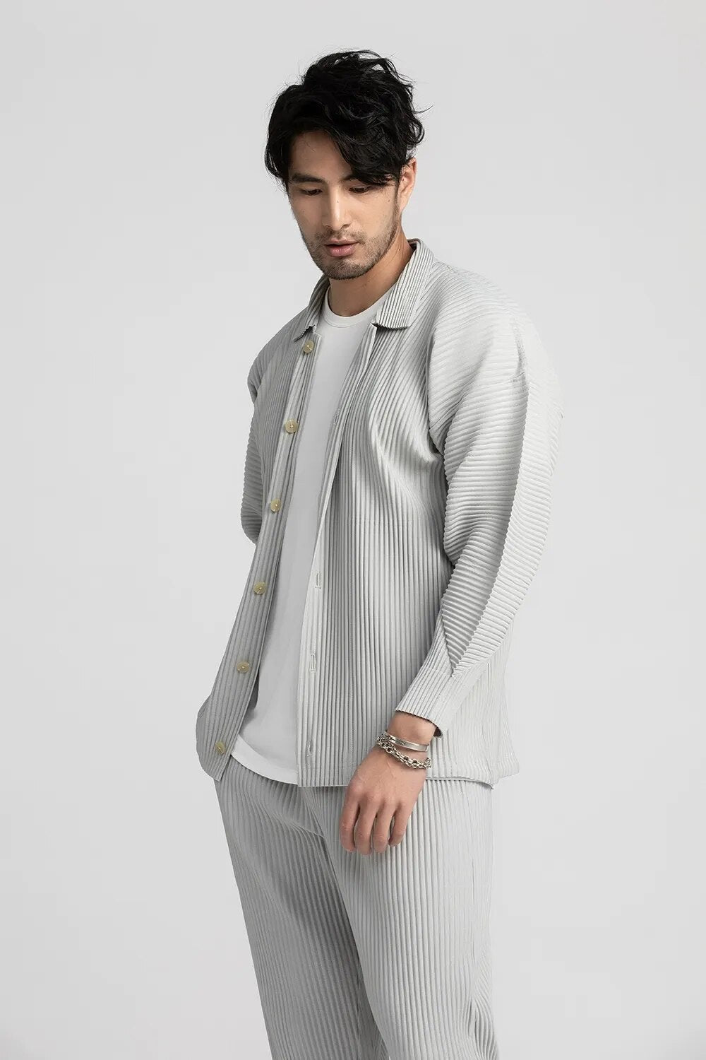 Lapel Shirt Black Pleated Long Sleeve T Shirt For Men Casual Coat Japanese Streetwear Men Cardigan Button Up Shirt