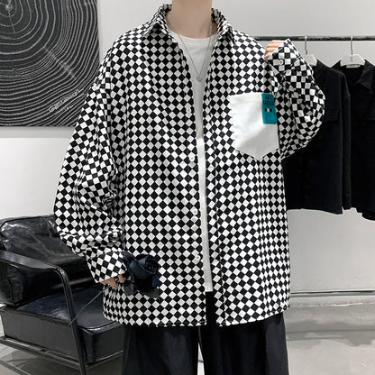 saferido High street ins checkerboard long sleeved shirt men's spring clothes plus fat plus size trendy fat people loose casual coat