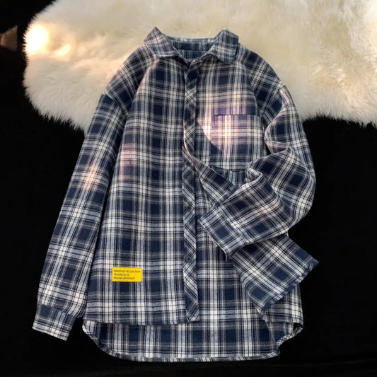 saferido Retro Plaid Long Sleeve Shirt Men Spring Fall Loose Shirt Turn-down Collar Blouse Hip Hop Streetwear Male Shirts