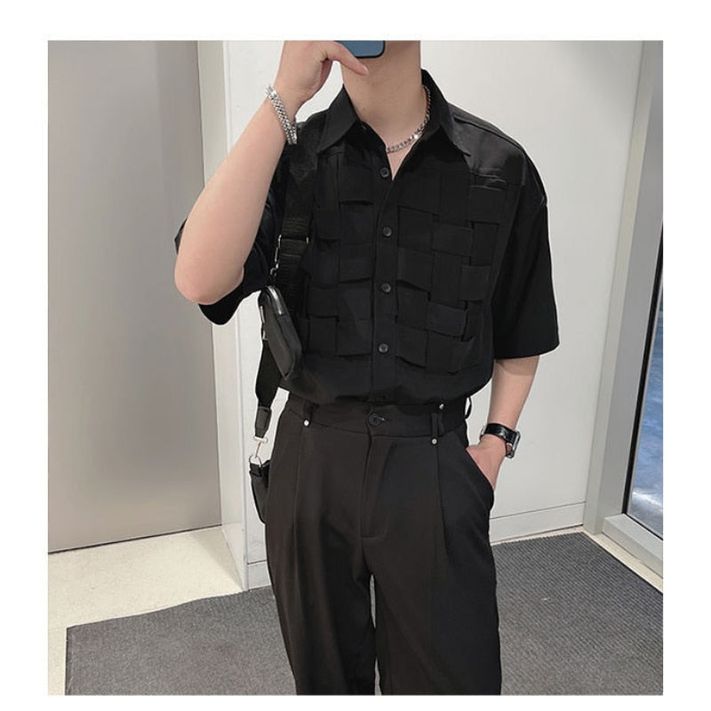 Men's Clothing Summer New Short Sleeve Stand Collar Cross Organization Solid Color Spliced Button Loose Hong Kong Breeze Shirt