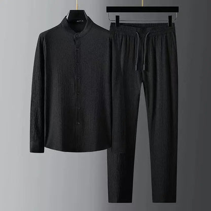 Spring Summer New Fashion Suit Men Long Sleeve Casual Shirts And Pant Seersucker Striped Pleats Slim Handsome Two-piece Set