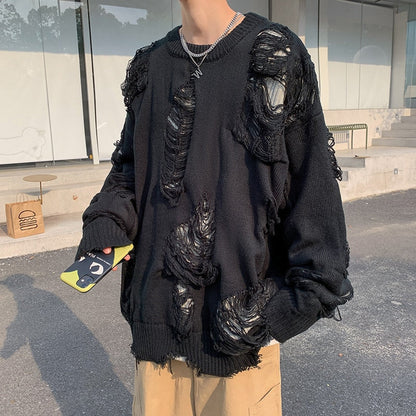 Ripped Sweaters Pullovers for Men Baggy High Street Retro Japanese Design Y2k Knitwear Harajuku Handsome Cool Teens Chic