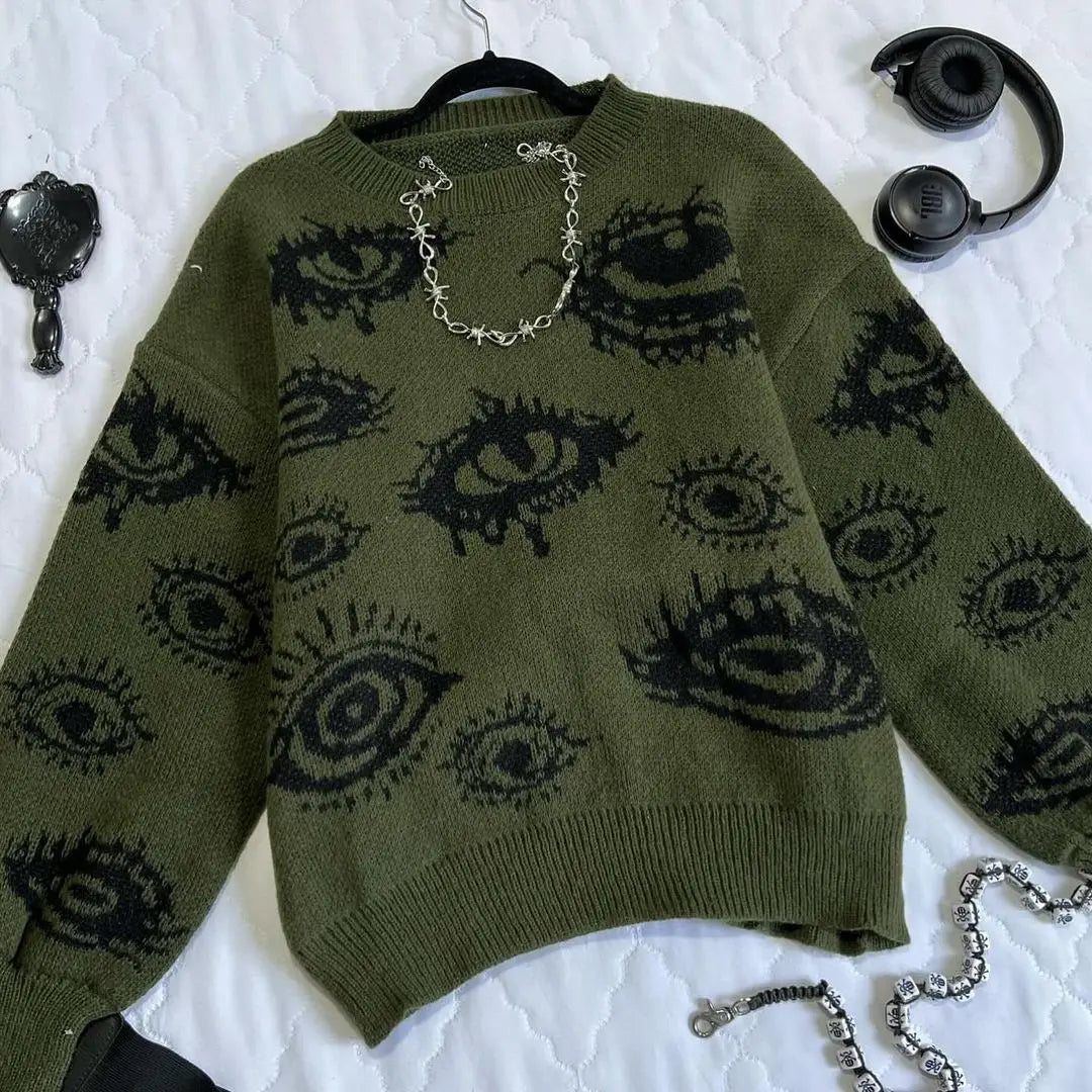 saferido Gothic Punk Oversized Eye Pattern Sweaters for Men and Women Autumn and Winter Thickened Sweatshirts Knitted Sweater Streetwear
