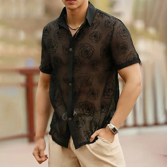 saferido Mens Sexy See-Through Lace Rose Short-Sleeved Shirt 2024 Spring Summer New Genderless Fashion Thin Solid Color Loose Top Unisex