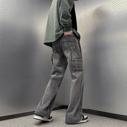 Spring New Men's Pants Vintage Washed Straight Tube Splicing Male Jeans High Street Fashion Casual Wide Leg Trousers