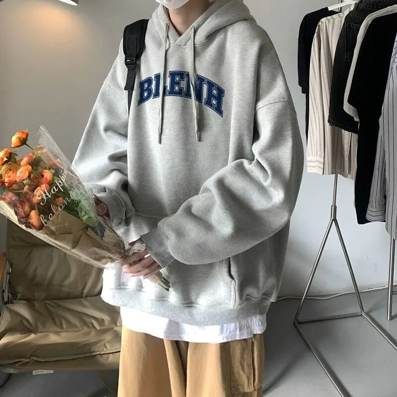 Vintage Fleece Hooded Sweatshirt Men Autumn/Winter New Korean Brand Grey Sweatshirts Men's Oversized Unisex Pullover Hoodie