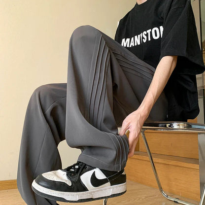 Khaki/Black/White/Dark Gray Mens Korean Solid Color Ice Silk Pants Harajuku Streetwear Casual Loose Trousers Plus Size 4XL-M