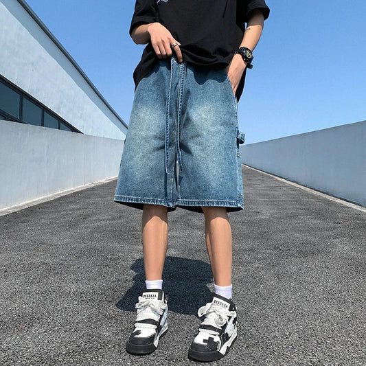 saferido Korean Style Summer Men's Blue Baggy Denim Shorts New Street Apparel Workwear Large Pocket Wide Leg Denim Shorts Blue