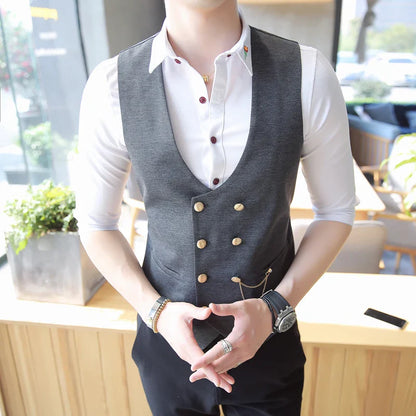 saferido British Style Men's Spring Double-Breasted Suit Vest/Male Slim Fit Fashion Casual Dress Suit Vest Plus size S-5XL