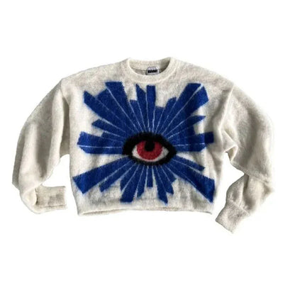 saferido Retro Knitted Sweater Unisex American Warm Sweater Men's and Women's Harajuku Eye Pattern Cotton Y2K Couple Pullover