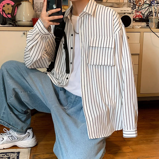 saferido Stripe Long Sleeve Shirt Japanese Streetwear High Quality Shirts Spring Autumn Harajuku Casual Coat Korean Clothes Men Clothing