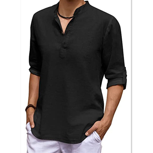 Men Shirt New Mens Linen Long Sleeve V-Neck T Shirt Solid Color Casual Hawaiian Shirt Yoga Button Breathable Top Shirts for Men