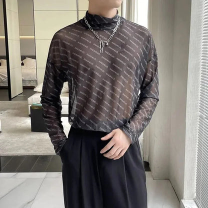 saferido American Letter Mesh T-Shirt For Men Autumn New Style Casual Simple Comfortable Breathable High Collar Inner Trendy Top