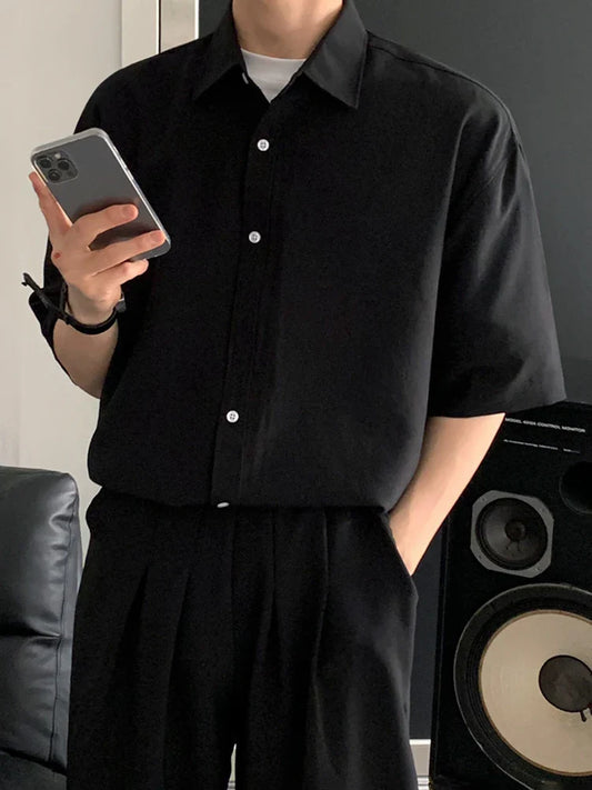 saferido Men Short Sleeve Shirt 2024 Summer New Korean Style Single Breasted Lapel Business Casual Top Solid Color Male