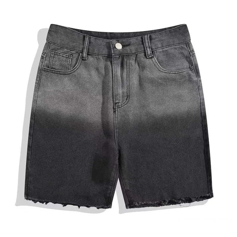 saferido Summer Gradient Denim Shorts Men's Fashion Retro Denim Shorts Mens Streetwear Korean Loose Hip-hop Straight Denim Shorts Men