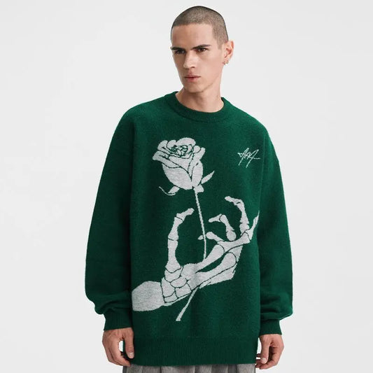saferido Sweater Rose Skeleton Sweater Men's Autumn and Winter American Vintage Jacquard Loose and Lazy Couple Knitwear Men's and Women's