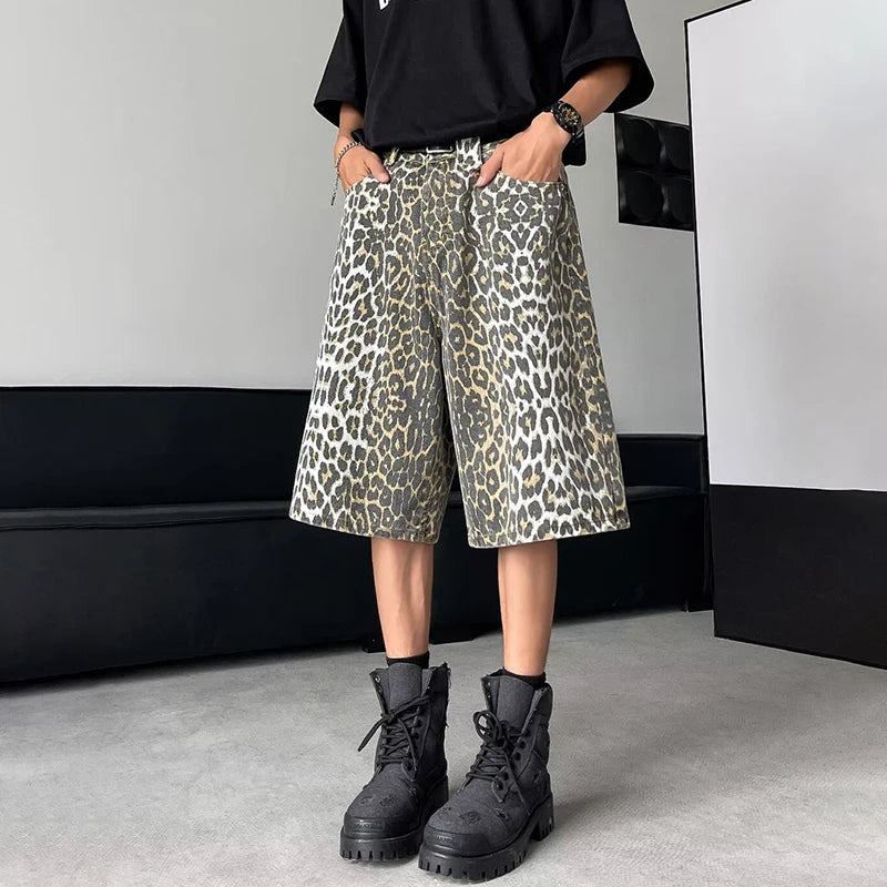 Leopard Print Design Personality Trendy Seven-point Pants Korean Original New Men Fashion Street Men's Shorts LZ3181