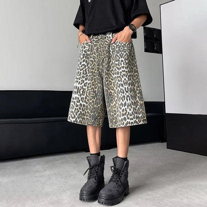 Leopard Print Design Personality Trendy Seven-point Pants Korean Original New Men Fashion Street Men's Shorts LZ3181
