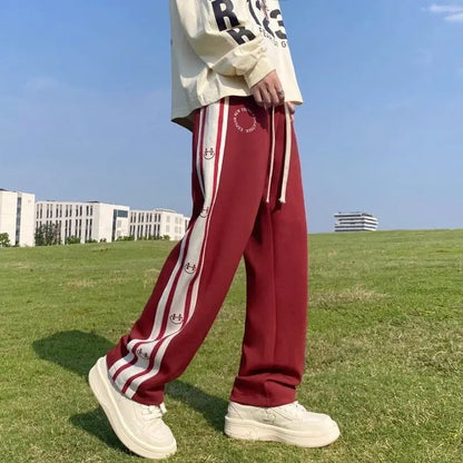 saferido American Vintage Patchwork Contrasting Sports Pants Men's Autumn Print Drawstring Trend Versatile Loose Straight Casual Trousers
