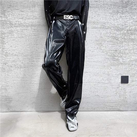 saferido  British Style Net Trend Personality Streetwear Bright PU Leather Trousers Side Tight Waist Loose Casual Pants Men's S-2XL
