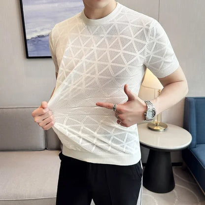 saferido British Style Summer Hollow Out Short Sleeve Knit T Shirts for Men Clothing Fashion Elastic Slim Fit Casual Tee Shirt Homme 4XL