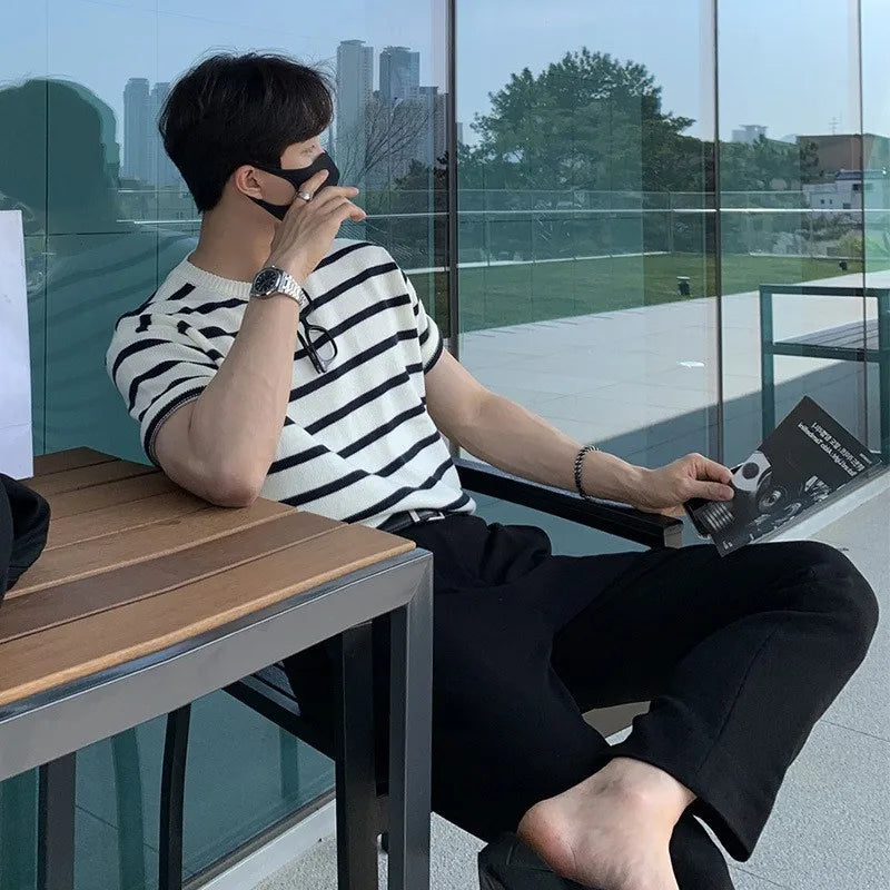 Men's Clothing Leisure Luxury Knitted T Shirt Fashion O Neck Striped Short Sleeve Tees for Men Korean Popular Knitwear Summer