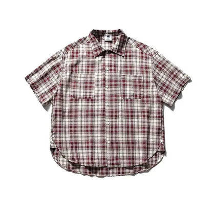 Summer Retro Men Set Checkered Fashion Short Sleeved Shirt+Big Pocket Washed Denim Shorts 2-piece High Street Trendy Unisex Suit