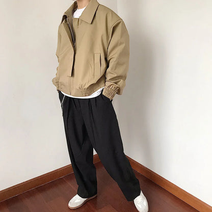 Spring New Short Jacket Men's Long Sleeved Solid Color Square Collar Fashion Loose Casual Zipper Bomber Jacket Streetwear
