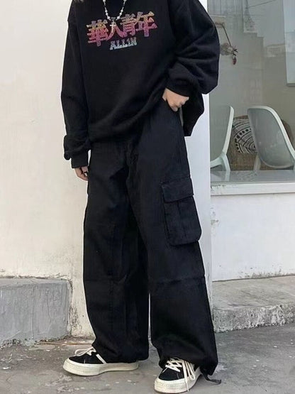 Vinatge Big Pocket Cargo Pants Men Spring Autumn Harajuku Japanese Loose Straight Wide-leg Casual Trousers Tactical Streetwear