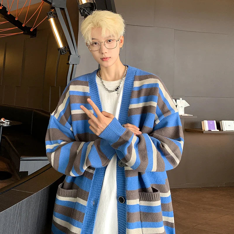 saferido Autumn Striped Cardigan Sweater Men Korean Knitted Sweater Pullover Harajuku Hip Hop Streetwear Loose Knitwear Coat Male Clothes
