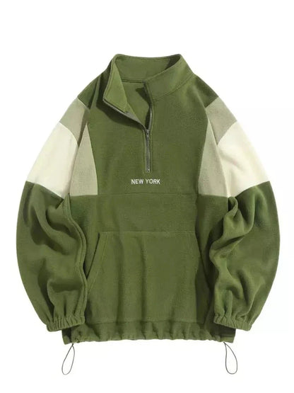 Hoodie for Men Fluffy Polar Fleece Sweatshirts New York Embroidery Turtleneck Hoodies Pullover Color Block Zipper Sweats