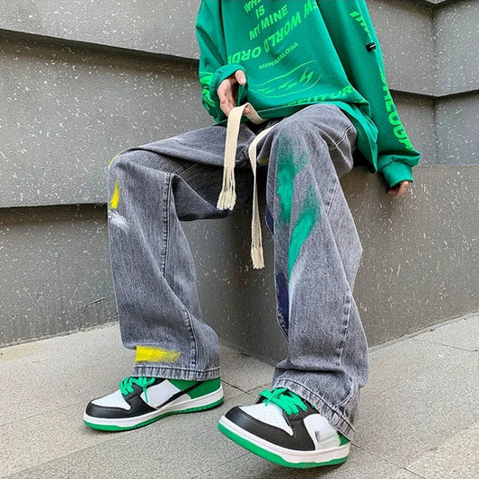 saferido Men's Jeans Painted Y2k Streetwear Trousers Harajuku Man Cowboy Pants Straight Tie Dye Hip Hop Y2k Vintage Stacked Cotton