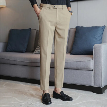 saferido British Style New Solid High Waist Suit Pant Men Business Formal Wear Trousers High Quality Slim Casual Office Suit Pants 28-38