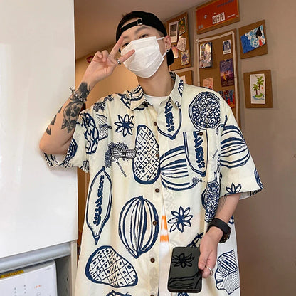 Print Shirts Men Fashion Streetwear Handsome Summer Half Sleeve Turn-down Collar Korean Style Teenagers Popular Youthful Hipster