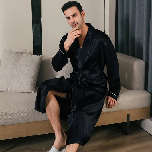 saferido Pajama men's spring and autumn silk thin style oversized pajamas long sleeved bathrobes ice silk bathrobes home clothing summer