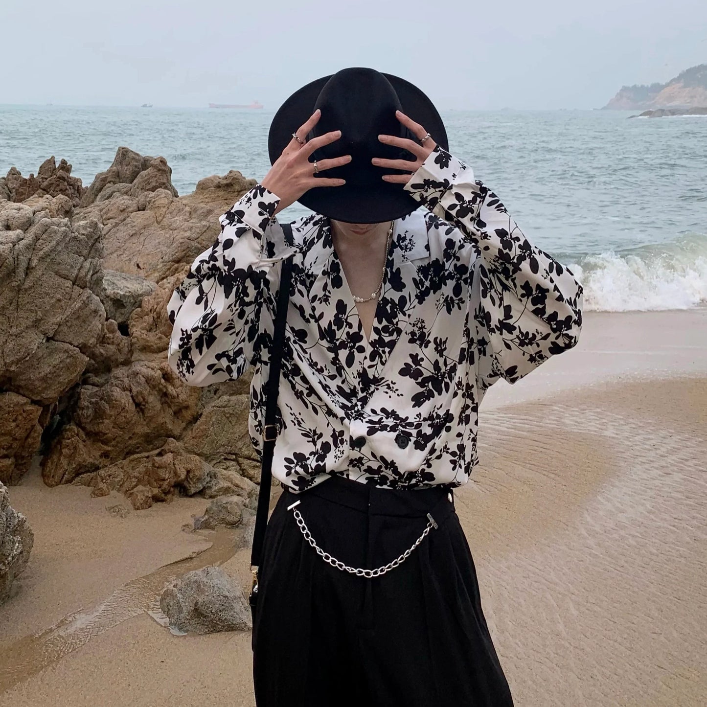 saferido Fashion Korean Spring New Long Sleeve Men Shirt Loose Casual Personality Print Turn-down Collar Pocket Simple Shirts