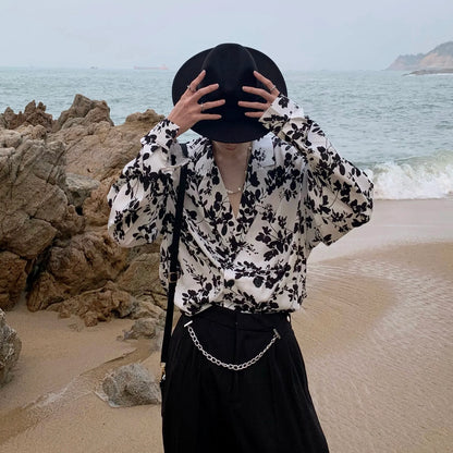 saferido Fashion Korean Spring New Long Sleeve Men Shirt Loose Casual Personality Print Turn-down Collar Pocket Simple Shirts