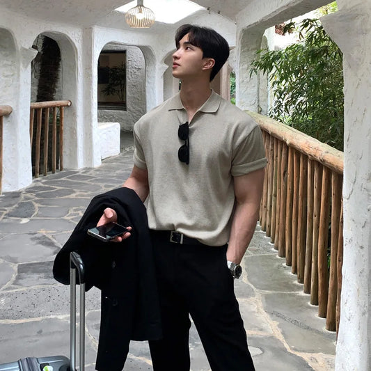 Men's Luxury Knitted V Neck Polo Shirt Leisure Solid Color Short Sleeve T-shirt Breathable Fashion Korean Popular Knitwear